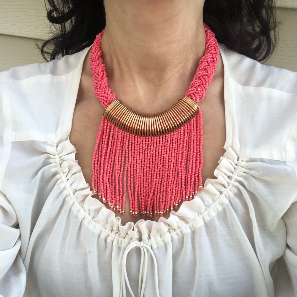 Layered Coral Gold Boho Fringe Choker Necklace